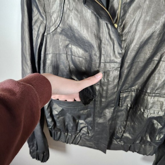 French Connection Bomber Jacket Womens Olive Green Metallic Coated Linen Y2K - Picture 5 of 13